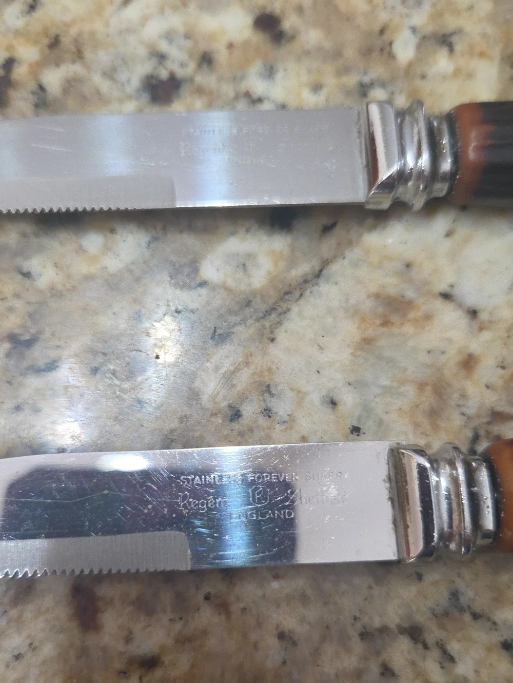 2 REGENT SHEFFIELD Steak Knives Stainless Blades Faux Bone Handle Forever Sharp